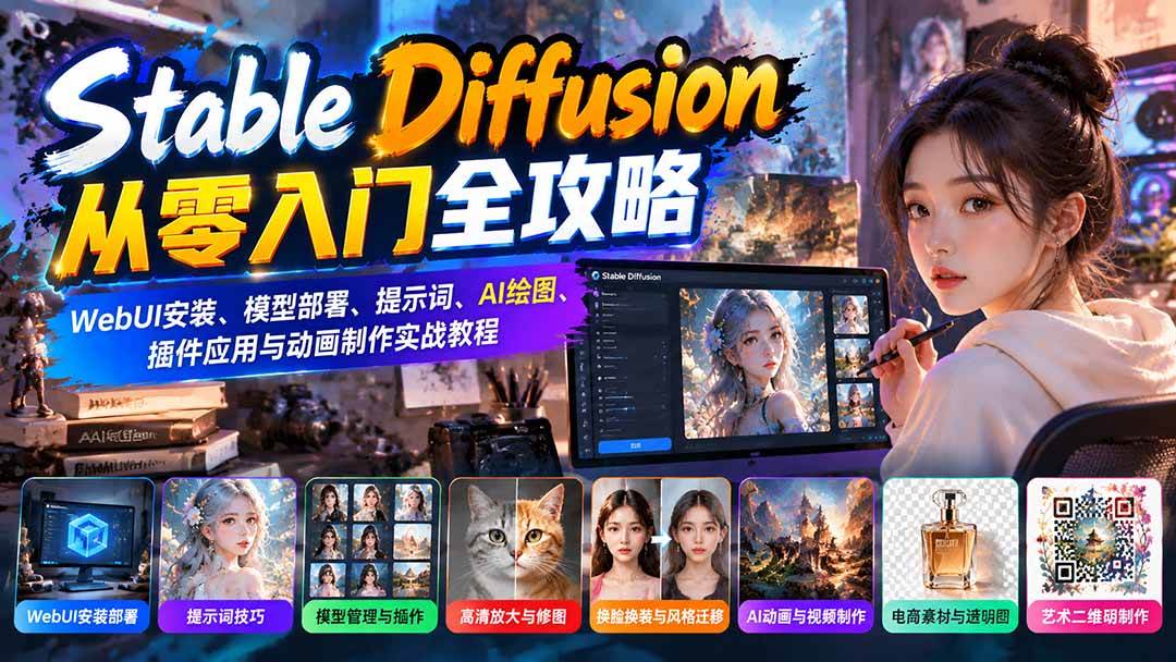（21062期）Stable Diffusion从零入门全攻略：WebUI安装、模型部署、提示词、AI绘图、插件应用与动画制作实战教程-洛柒笔记
