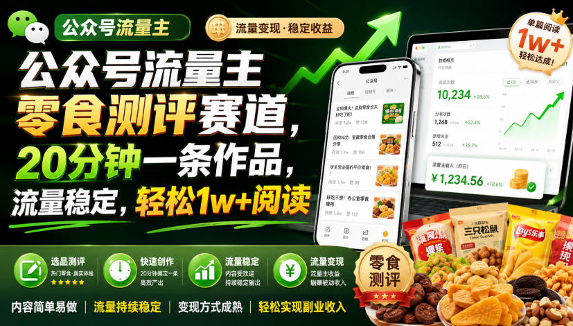 公众号流量主零食测评赛道，20分钟一条作品，流量稳定，轻松1w+阅读-洛柒笔记