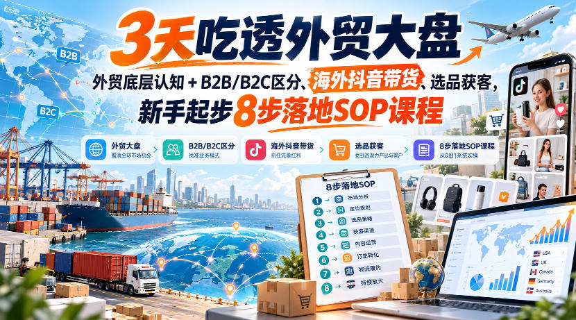 3天吃透外贸大盘，外贸底层认知+B2B/B2C区分、海外抖音带货、选品获客，新手起步8步落地SOP课程-洛柒笔记