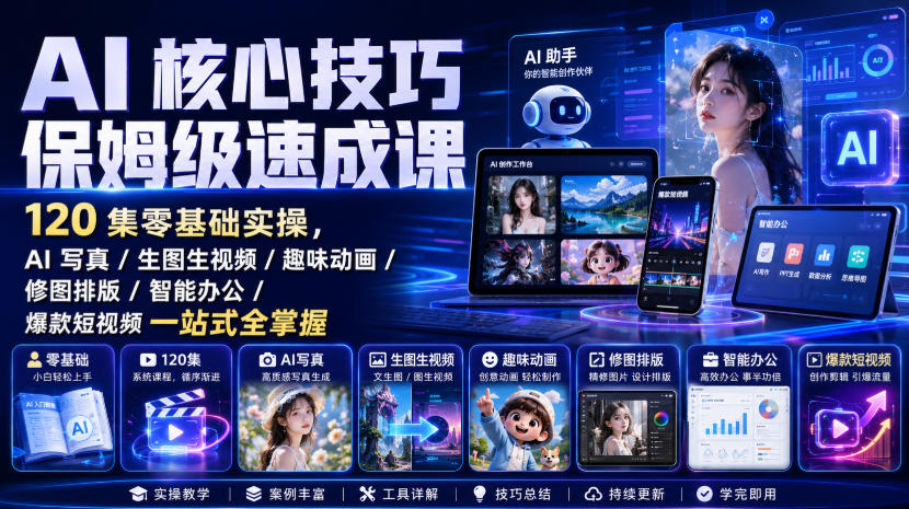 AI核心技巧保姆级速成课｜120集零基础实操，AI写真/生图生视频/趣味动画/修图排版/智能办公/爆款短视频一站式全掌握-洛柒笔记