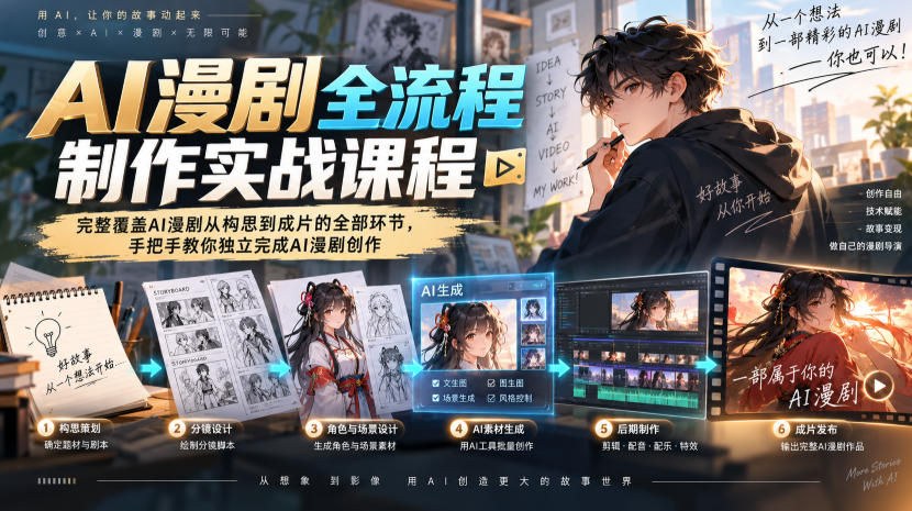 AI漫剧全流程制作实战课程，完整覆盖AI漫剧从构思到成片的全部环节，手把手教你独立完成AI漫剧创作-洛柒笔记