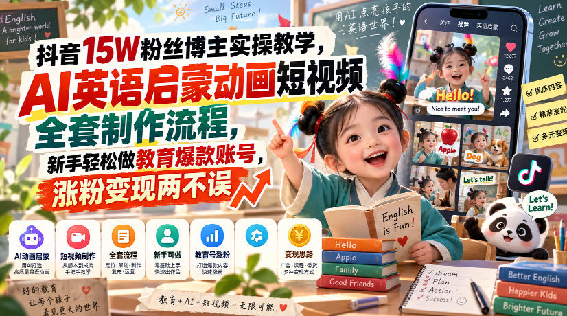 抖音15W粉丝博主实操教学，AI英语启蒙动画短视频全套制作流程，新手轻松做教育爆款账号，涨粉变现两不误-洛柒笔记