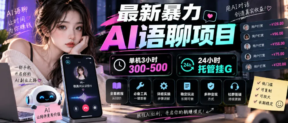 最新暴力AI语聊项目，单机3小时300-500，24小时托管挂G，附全套教程及工具-洛柒笔记