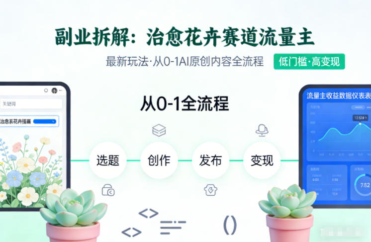 副业拆解：治愈花卉赛道流量主最新玩法，从0-1AI原创内容全流程-洛柒笔记