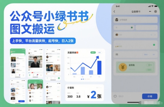 公众号小绿书图文搬运，上手快，平台流量扶持，起号快，日入2张-洛柒笔记
