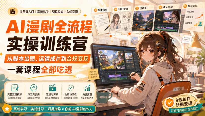 AI漫剧全流程实操训练营，从脚本出图、运镜成片到合规变现，一套课程全部吃透-洛柒笔记