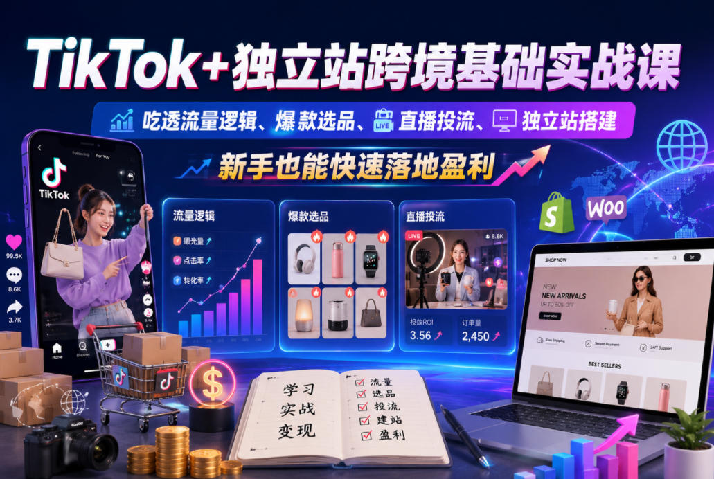 TikTok+独立站跨境基础实战课，吃透流量逻辑、爆款选品、直播投流与独立站搭建，新手也能快速落地盈利-洛柒笔记