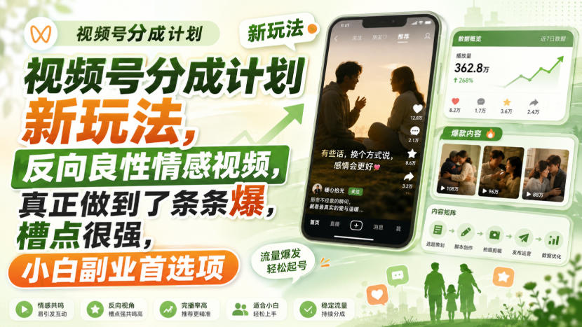 视频号分成计划新玩法，反向良性情感视频，真正做到了条条爆，槽点很强，小白副业首选项-洛柒笔记