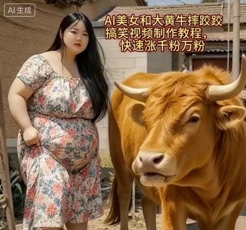 AI美女和大黄牛摔跤搞笑荒诞视频制作教程，快速涨千粉万粉-洛柒笔记