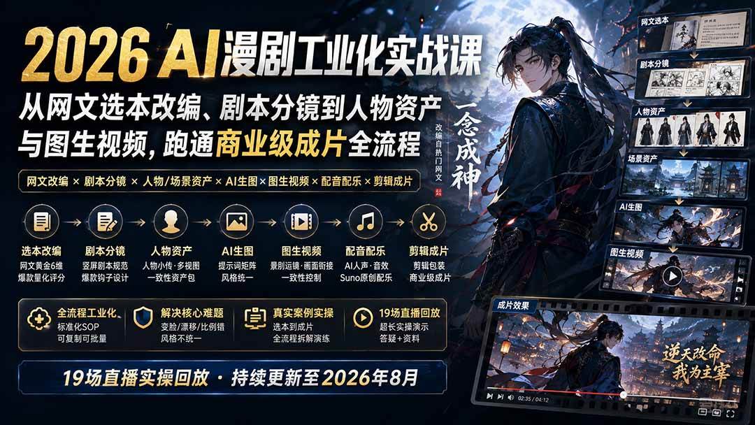 （20068期）2026 AI漫剧工业化实战课-更新：从网文选本改编、剧本分镜到人物资产与图生视频，跑通商业级成片全流程-洛柒笔记