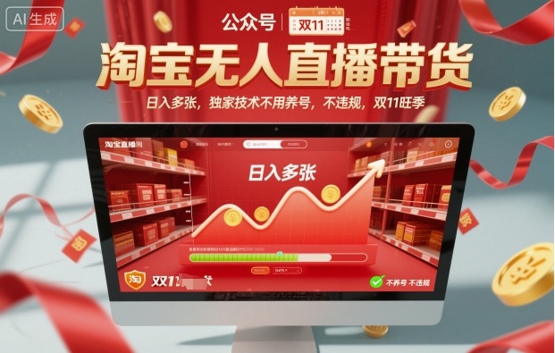 淘宝无人直播带货，日入多张，独家技术不用养号，不违规，双11旺季-洛柒笔记