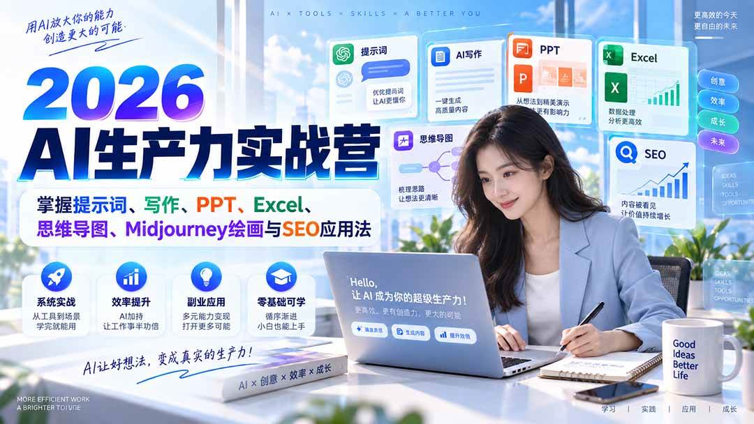 （20307期）2026AI生产力实战营：掌握提示词、写作、PPT、Excel、思维导图、Midjourney绘画与SEO应用法-洛柒笔记