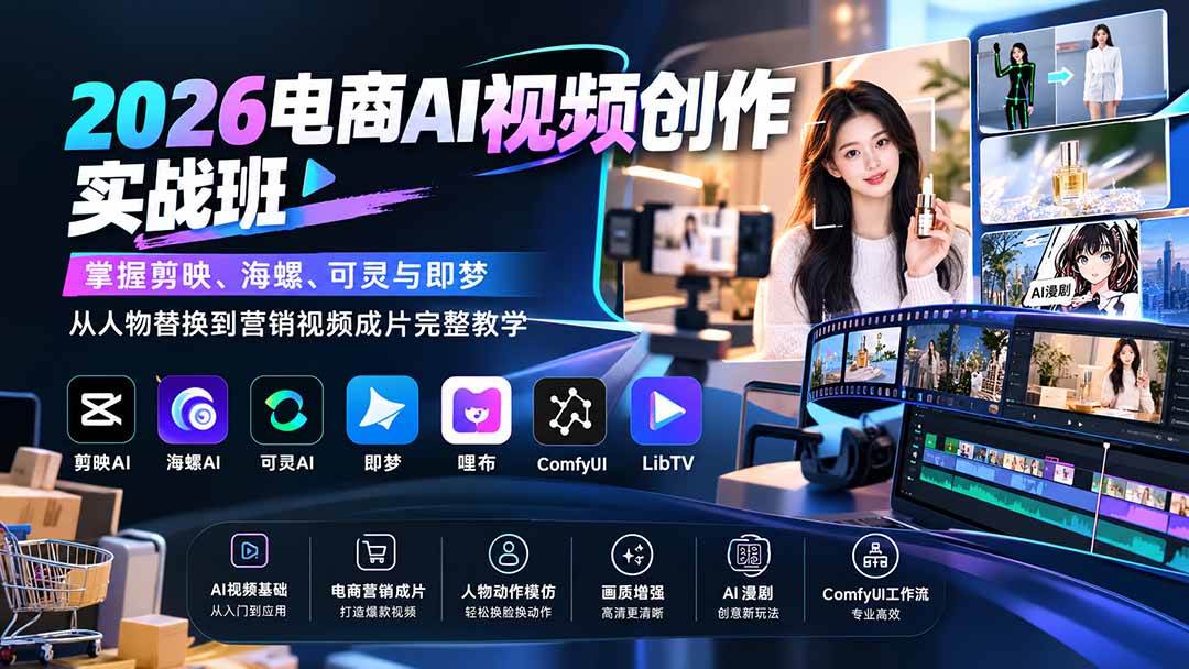 （20466期）2026电商AI视频创作实战班：掌握剪映、海螺、可灵与即梦，从人物替换到营销视频成片完整教学-洛柒笔记