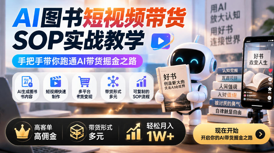 AI图书短视频带货SOP实战教学，手把手带你跑通AI带货掘金之路，高客单高佣金，带货形式多元，轻松月入1W+（更新1013）