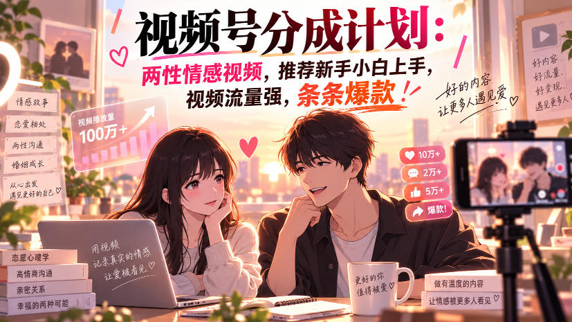 视频号分成计划：两性情感视频，推荐新手小白上手，视频流量强，条条爆款-洛柒笔记
