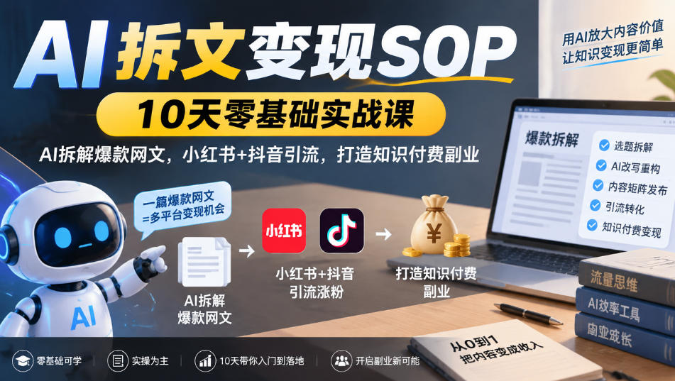 AI拆文变现SOP｜10天零基础实战课，AI拆解爆款网文，小红书+抖音引流，打造知识付费副业-洛柒笔记