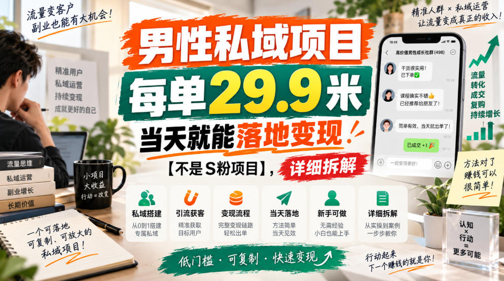 男性私域项目，每单29.9米，当天就能落地变现【不是S粉项目】，详细拆解-洛柒笔记