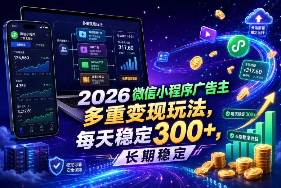 2026微信小程序广告主，多重变现玩法，每天稳定300+，长期稳定-洛柒笔记