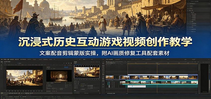 沉浸式历史互动游戏视频创作教学：文案配音剪辑蒙版实操，附AI画质修复工具配套素材-洛柒笔记
