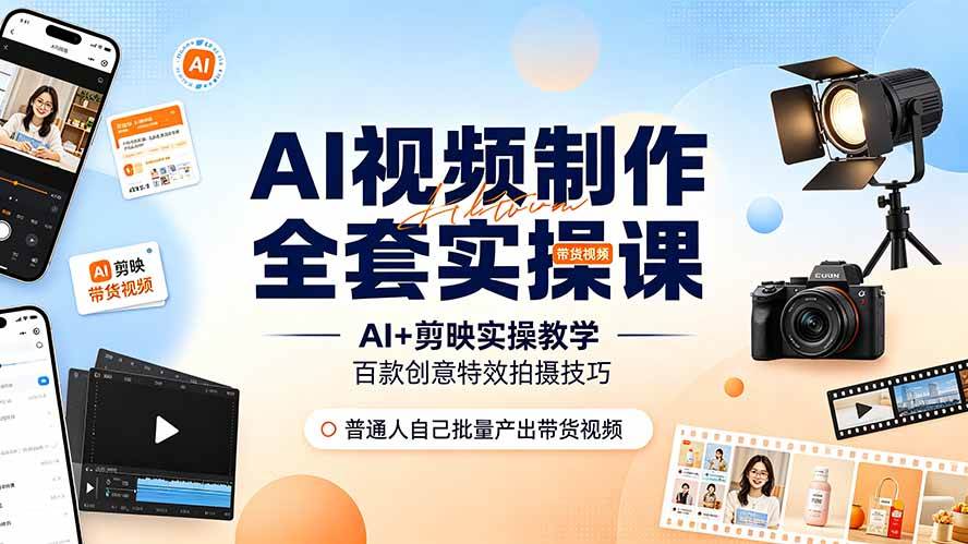 （19200期）AI视频制作全套实操课，多款AI工具搭配剪映教学，百种特效运镜拍摄实操，抖音账号带货运营全覆盖-洛柒笔记