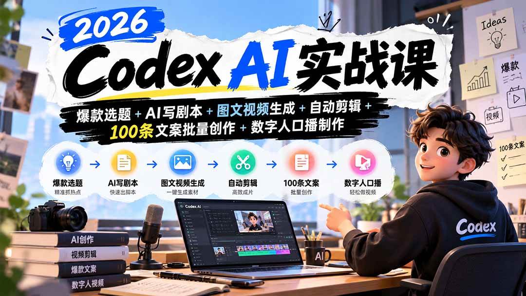 （20899期）2026Codex AI实战课：爆款选题+AI写剧本+图文视频生成+自动剪辑+100条文案批量创作+数字人口播制作-洛柒笔记