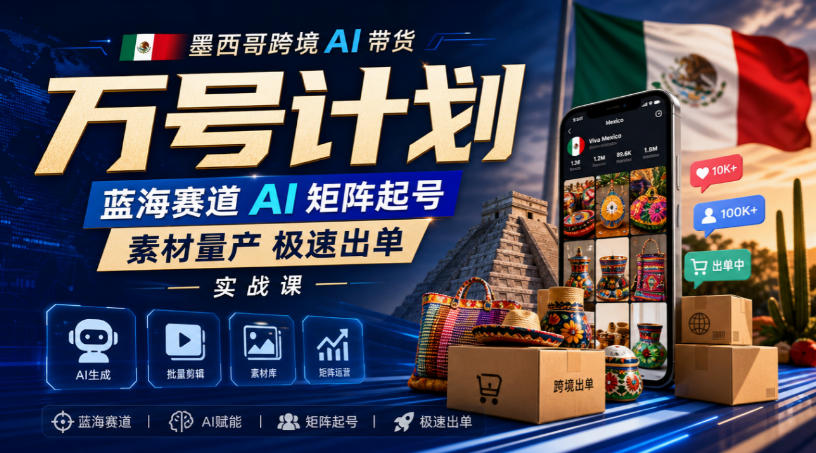 墨西哥跨境AI带货万号计划，蓝海赛道AI矩阵起号，素材量产极速出单实战课-洛柒笔记