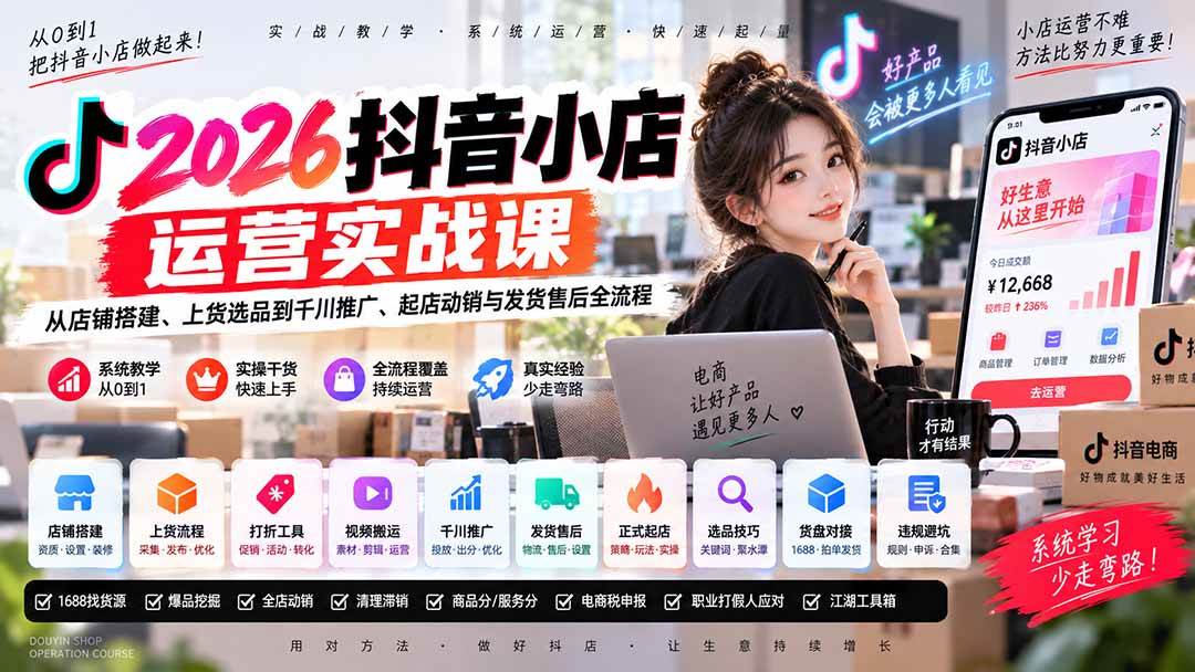 （20568期）2026抖音小店运营实战课｜从店铺搭建、上货选品到千川推广、起店动销与发货售后全流程-洛柒笔记