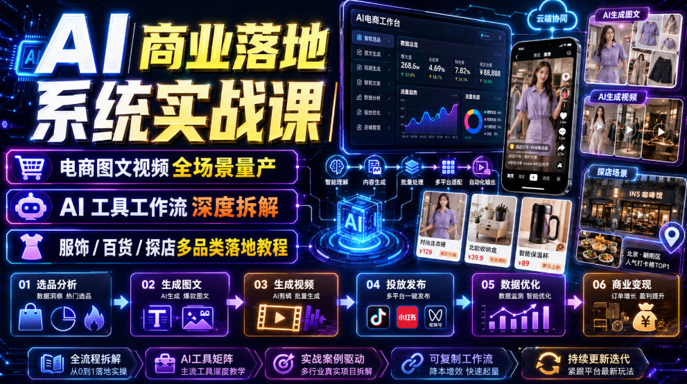 AI商业落地系统实战课｜电商图文视频全场景量产・AI工具工作流深度拆解・服饰/百货/探店多品类落地教程-洛柒笔记