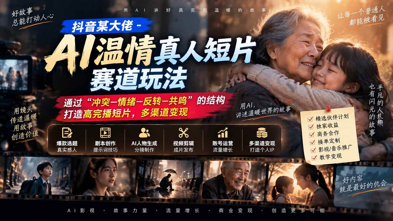 （20538期）抖音某大佬-AI温情真人短片赛道玩法：通过“冲突—情绪—反转—共鸣”的结构打造高完播短片，多渠道变现-洛柒笔记