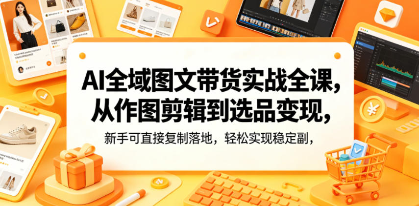 AI全域图文带货实战全课，从作图剪辑到选品变现，新手可直接复制落地，轻松实现稳定副业增收-洛柒笔记