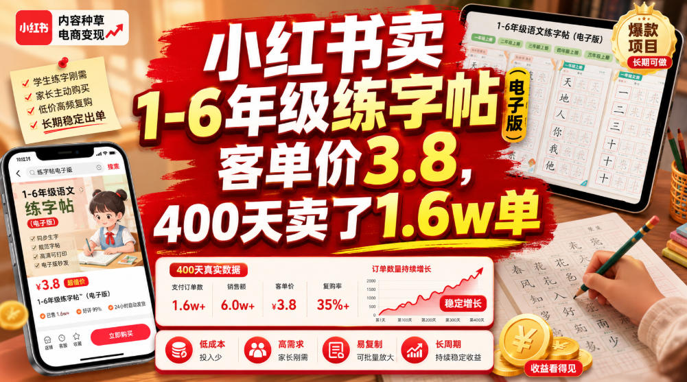 小红书卖1-6年级练字帖（电子版），客单价3.8，400天卖了1.6w单-洛柒笔记