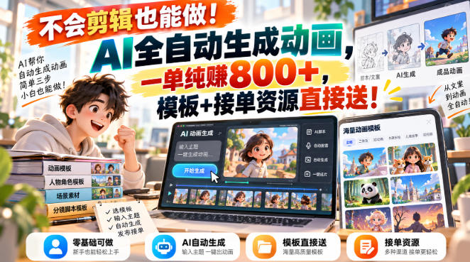 不会剪辑也能做！AI全自动生成动画，一单纯賺800+，模板+接单资源直接送！【揭秘】-洛柒笔记