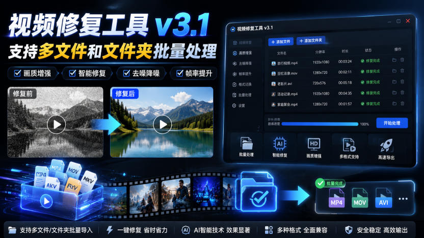 视频修复工具v3.1，支持多文件和文件夹批量处理-洛柒笔记