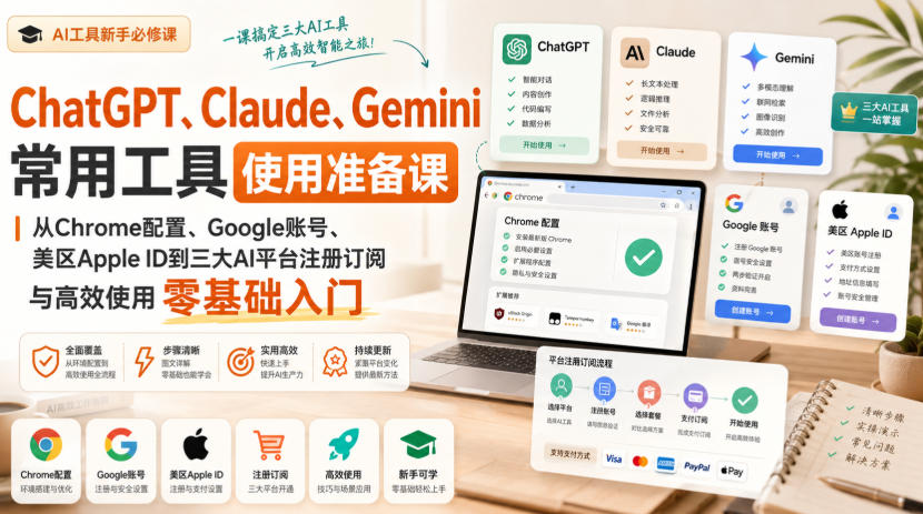 ChatGPT、Claude、Gemini常用工具使用准备课｜从Chrome配置、Google账号、美区Apple ID到三大AI平台注册订阅与高效使用零基础入门-洛柒笔记