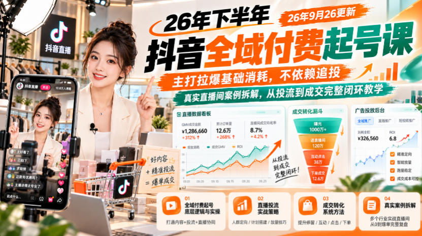 26年下半年抖音全域付费起号课26年9月26更新，主打拉爆基础消耗，不依赖追投，真实直播间案例拆解，从投流到成交完整闭环教学-洛柒笔记
