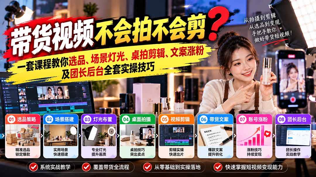 （20980期）带货视频不会拍不会剪？一套课程教你选品、场景灯光、桌拍剪辑、文案涨粉及团长后台全套实操技巧 复制标题-洛柒笔记