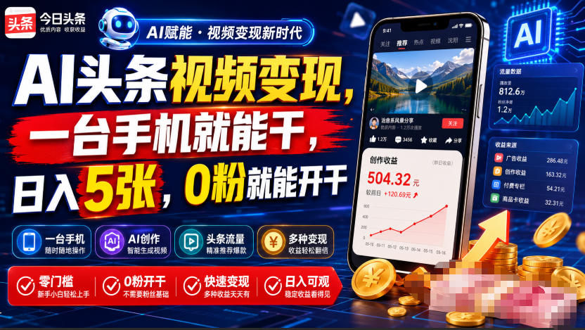 AI头条视频变现，一台手机就能干，日入5张，0粉就能开干-洛柒笔记