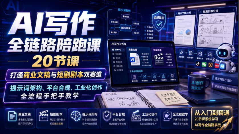 AI写作全链路陪跑课｜20节课打通商业文稿与短剧剧本双赛道，提示词架构、平台合规、工业化创作全流程手把手教学-洛柒笔记
