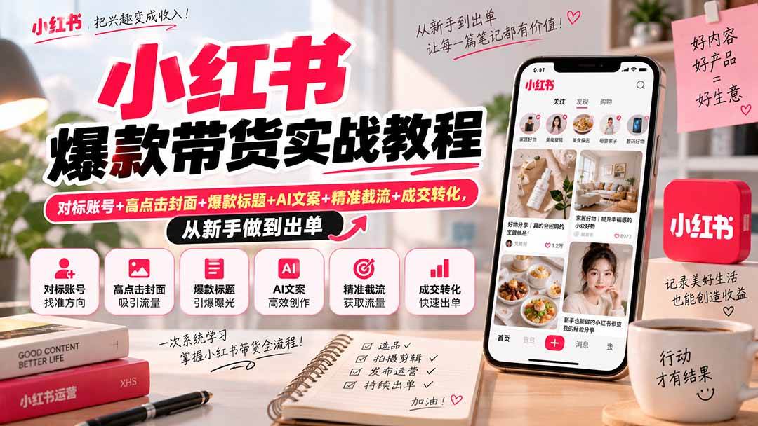 （20473期）小红书爆款带货实战教程｜对标账号+高点击封面+爆款标题+AI文案+精准截流+成交转化，从新手做到出单-洛柒笔记