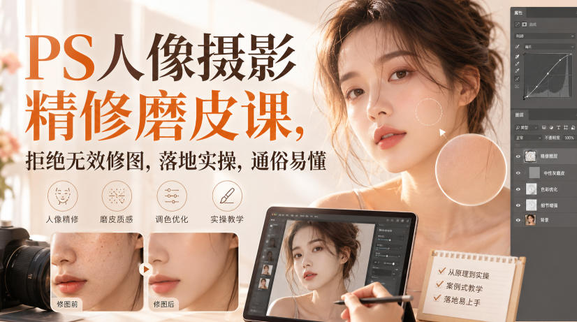 PS人像摄影精修磨皮课，拒绝无效修图，落地实操，通俗易懂-洛柒笔记