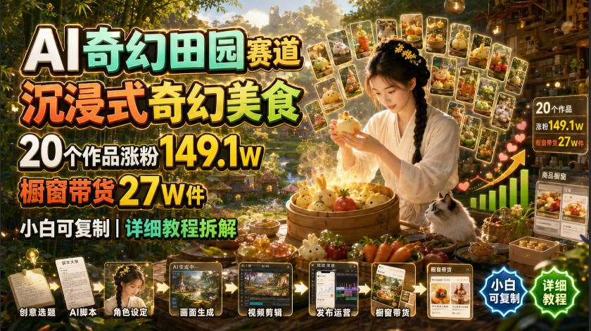 AI奇幻田园赛道，沉浸式奇幻美食，20个作品涨粉149.1W，橱窗带货27W件，小白可复制，详细教程拆解-洛柒笔记