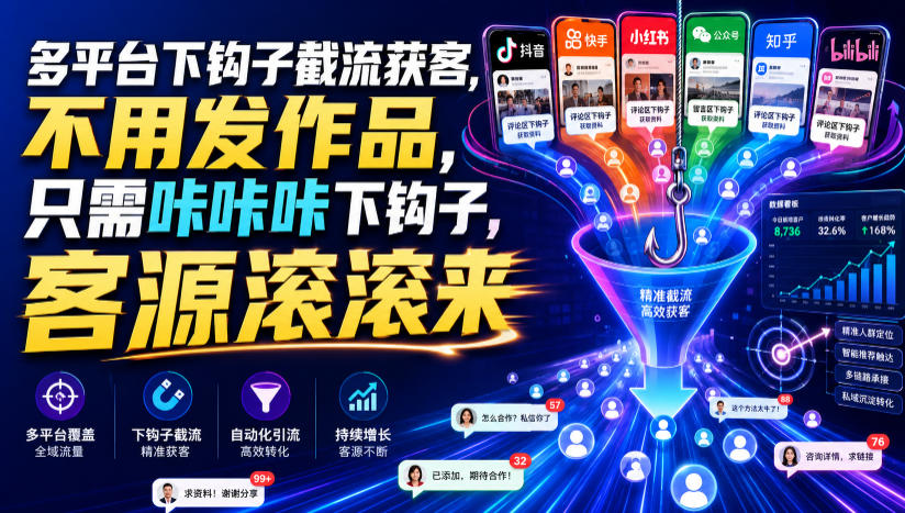 多平台下钩子截流获客，不用发作品，只需咔咔咔下钩子，客源滚滚来-洛柒笔记