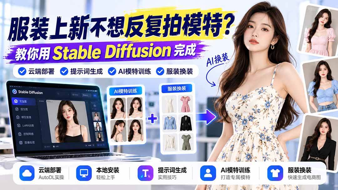 （21099期）服装上新不想反复拍模特？教你用Stable Diffusion完成云端部署、提示词生成、AI模特训练与换装-洛柒笔记