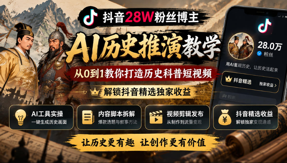 抖音28W粉丝博主的AI历史推演教学，从0到1教你打造历史科普短视频，解锁抖音精选独家收益-洛柒笔记