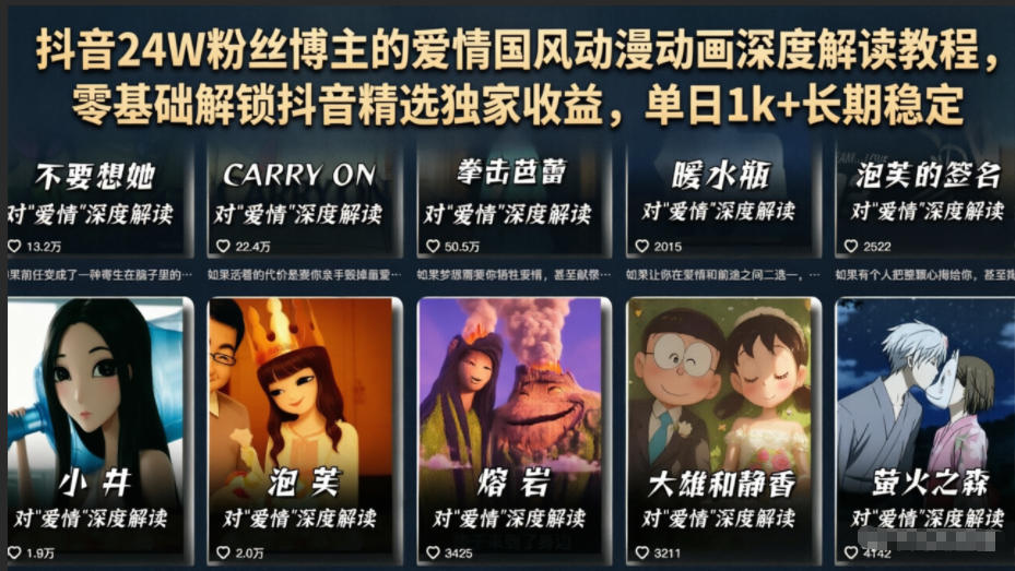 抖音24W粉丝博主的爱情国风动漫动画深度解读教程，零基础解锁抖音精选独家收益，单日1k+长期稳定-洛柒笔记