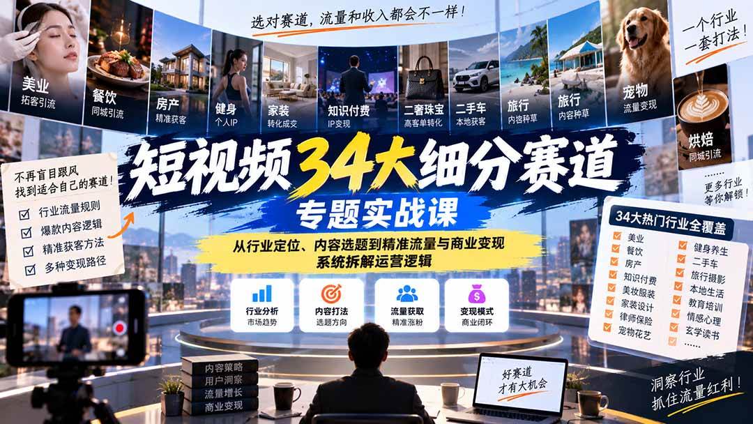（20600期）短视频34大细分赛道专题实战课：从行业定位、内容选题到精准流量与商业变现，系统拆解运营逻辑-洛柒笔记