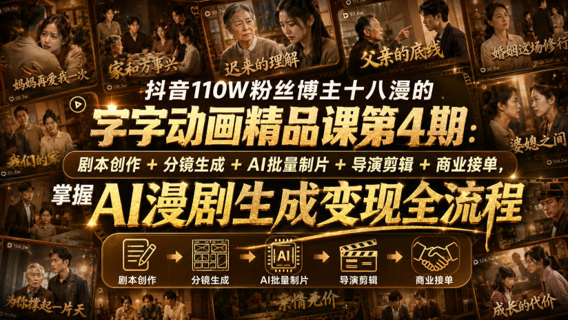 抖音110W粉丝博主十八漫的字字动画精品课第4期：剧本创作+分镜生成+剪辑+商业接单，掌握AI漫剧生成变现全流程（更新0916）-洛柒笔记