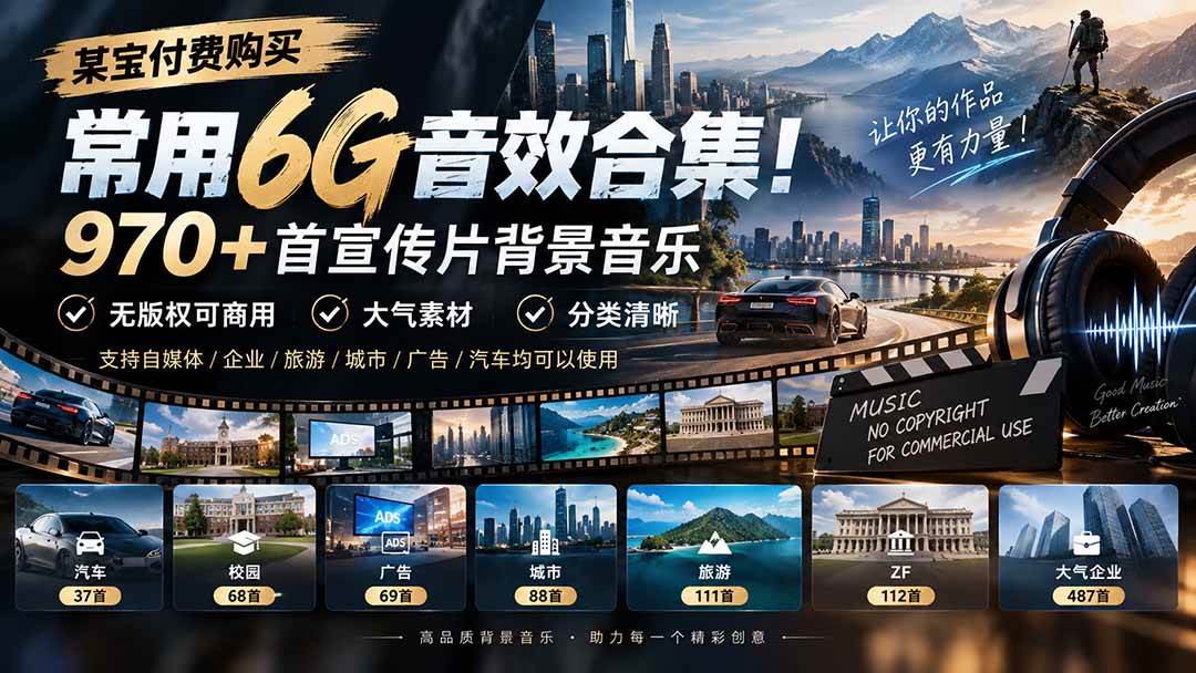 (20603期)某宝付费购买,常用6G音效合集!970+首宣传片背景音乐,无版权可商用大气素材,分类清晰 (20603期)某宝付费购买,常用6G音效合集!970+首宣传片背景音乐,无版权可商用大气素材,分类清晰