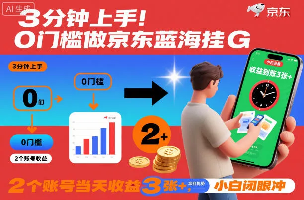 3分钟上手！0门槛做京东蓝海全自动掘金，2个账号当天收益3张+，小白闭眼冲-洛柒笔记