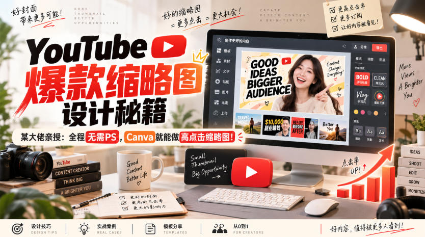 YouTube爆款缩略图设计秘籍，某油管大佬（610万订阅者）亲授，全程无需PS，Canva就能做高点击缩略图！【原创双语字幕】-洛柒笔记